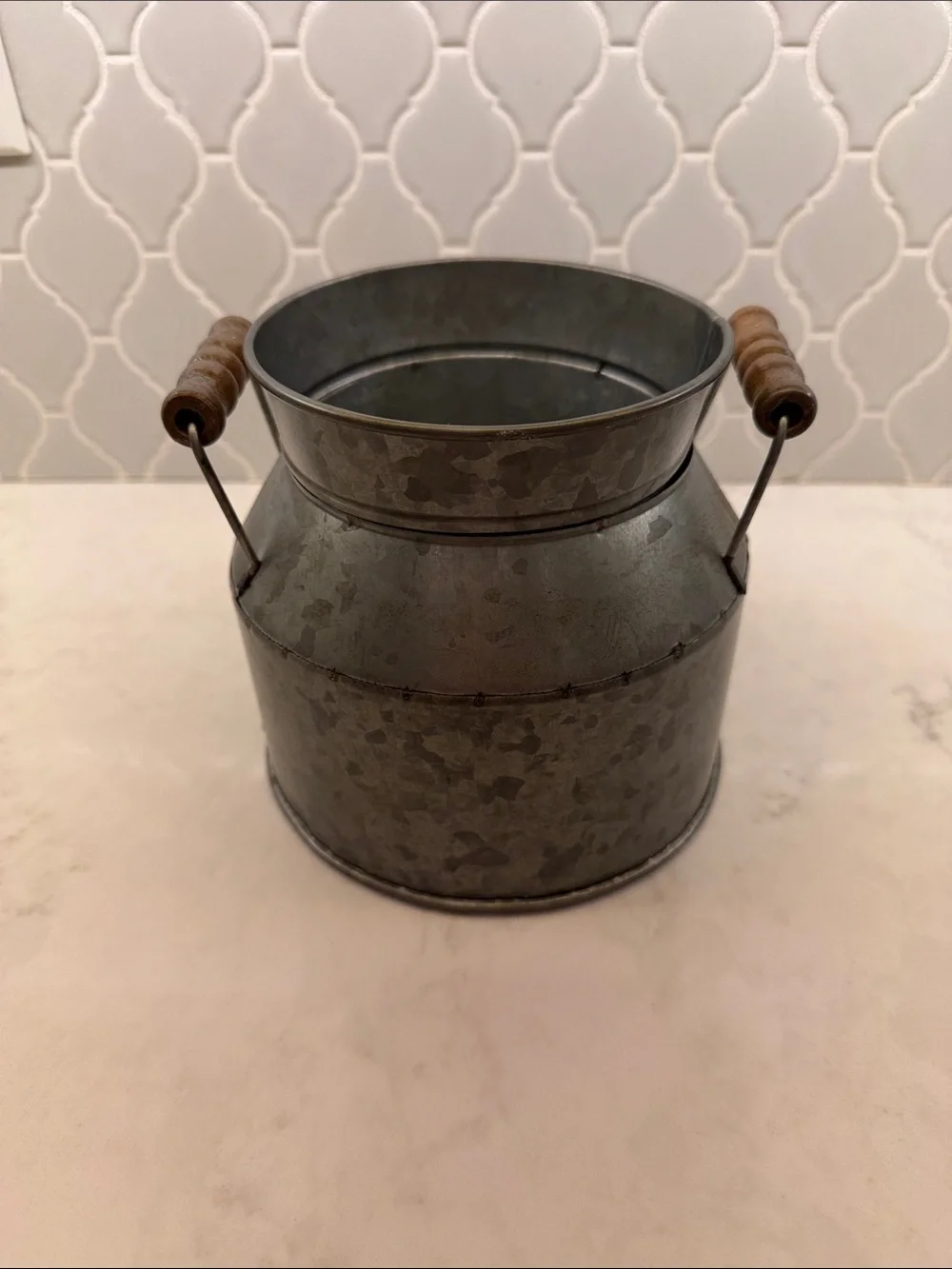 Galvanized Metal Milk Can with Wooden Handles - Silver Vase Bucket